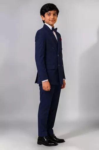 Boys navy blue lycra solid double-breasted 3 piece suit set with bowtie