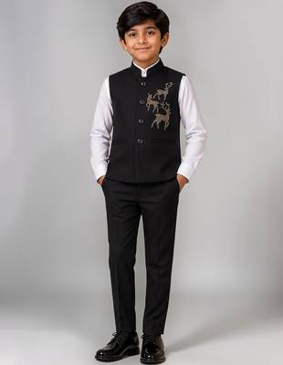 Boys black lycra deer stone work embellished 3 piece suit set 1