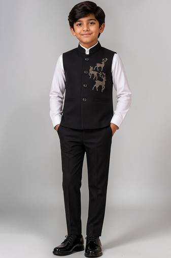 Boys black lycra deer stone work embellished 3 piece suit set