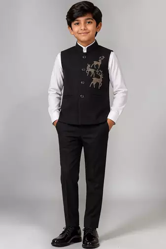 Boys black lycra deer stone work embellished 3 piece suit set