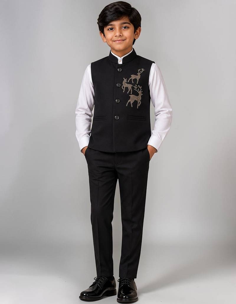 Boys black lycra deer stone work embellished 3 piece suit set