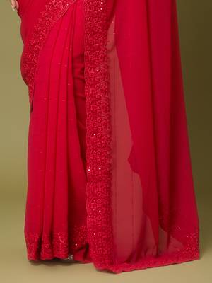 Red georgette sequins saree with unstitched blouse piece. 5