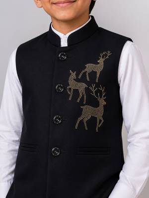 Boys black lycra deer stone work embellished 3 piece suit set 3