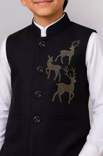 Boys black lycra deer stone work embellished 3 piece suit set