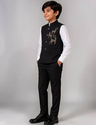 Boys black lycra deer stone work embellished 3 piece suit set 4