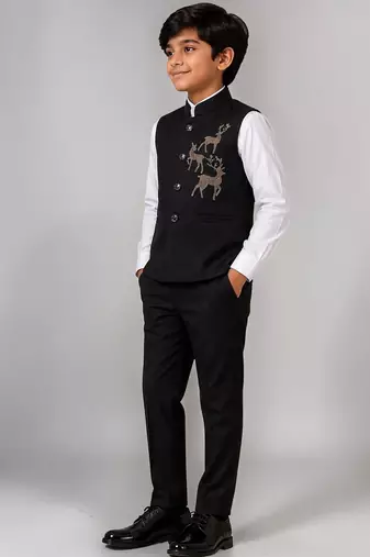 Boys black lycra deer stone work embellished 3 piece suit set