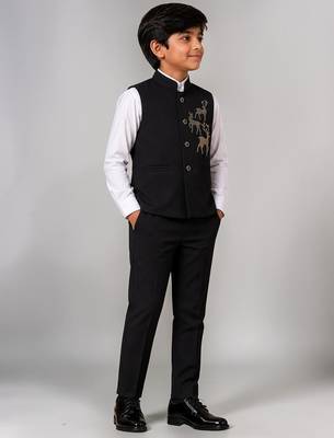 Boys black lycra deer stone work embellished 3 piece suit set 5