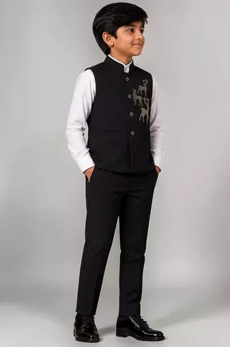 Boys black lycra deer stone work embellished 3 piece suit set