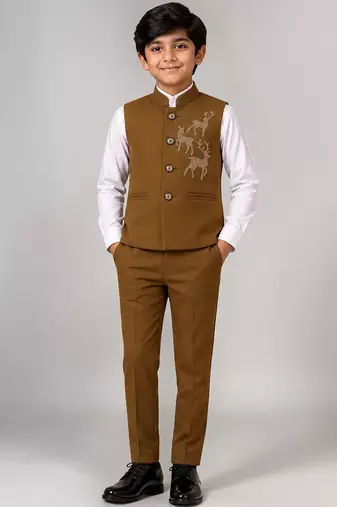 Boys brown lycra deer stone work embellished 3 piece suit set