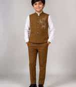 Boys brown lycra deer stone work embellished 3 piece suit set