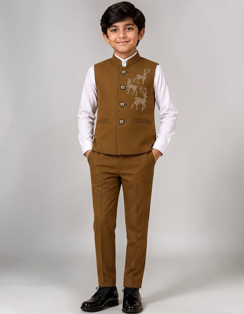 Boys brown lycra deer stone work embellished 3 piece suit set