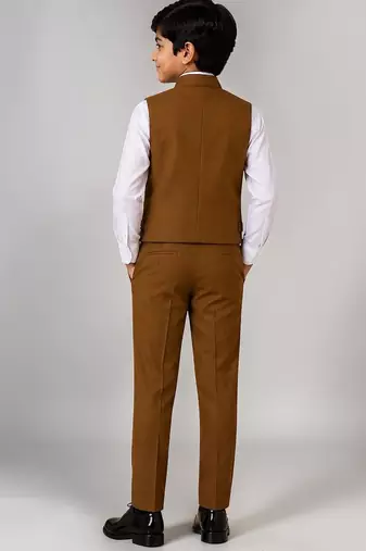 Boys brown lycra deer stone work embellished 3 piece suit set