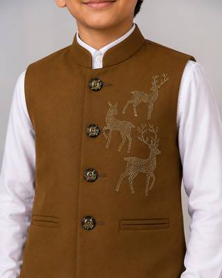 Boys brown lycra deer stone work embellished 3 piece suit set 3