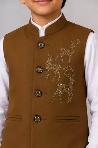 Boys brown lycra deer stone work embellished 3 piece suit set