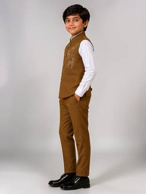 Boys brown lycra deer stone work embellished 3 piece suit set 4