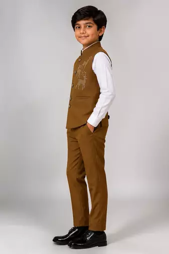 Boys brown lycra deer stone work embellished 3 piece suit set