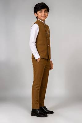 Boys brown lycra deer stone work embellished 3 piece suit set 5