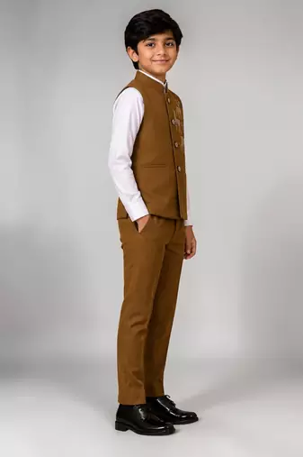 Boys brown lycra deer stone work embellished 3 piece suit set