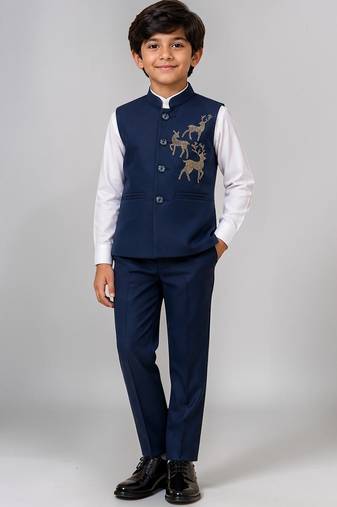 Boys navy blue lycra deer stone work embellished 3 piece suit set