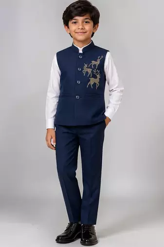 Boys navy blue lycra deer stone work embellished 3 piece suit set