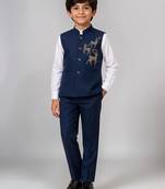 Boys navy blue lycra deer stone work embellished 3 piece suit set