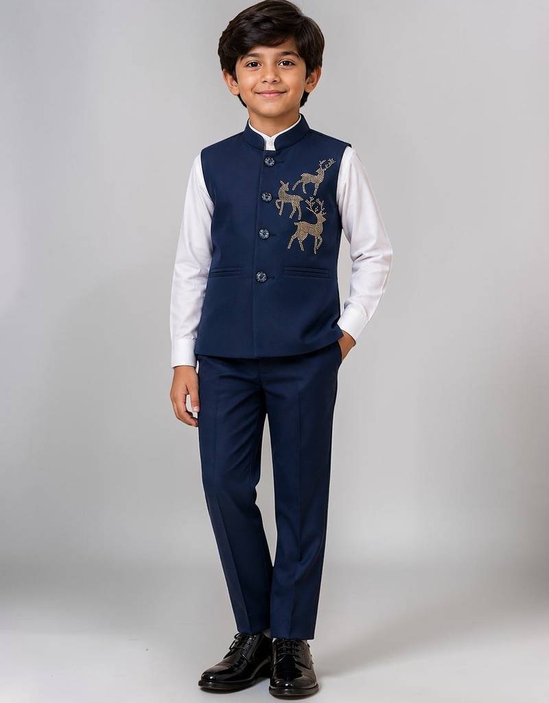 Boys navy blue lycra deer stone work embellished 3 piece suit set