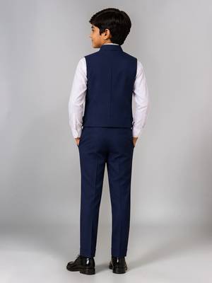 Boys navy blue lycra deer stone work embellished 3 piece suit set 2
