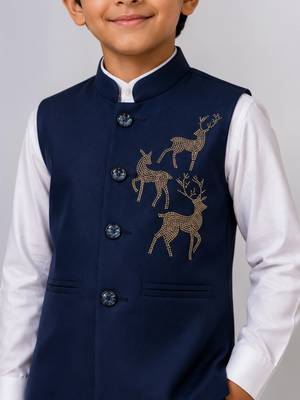 Boys navy blue lycra deer stone work embellished 3 piece suit set 3