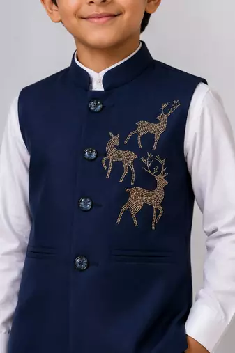 Boys navy blue lycra deer stone work embellished 3 piece suit set