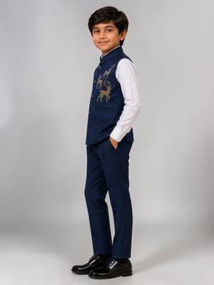 Boys navy blue lycra deer stone work embellished 3 piece suit set 4