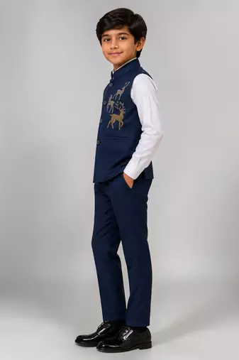 Boys navy blue lycra deer stone work embellished 3 piece suit set