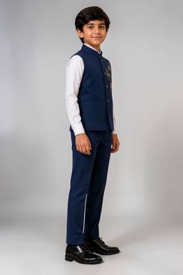 Boys navy blue lycra deer stone work embellished 3 piece suit set 5