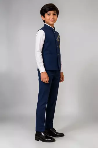 Boys navy blue lycra deer stone work embellished 3 piece suit set