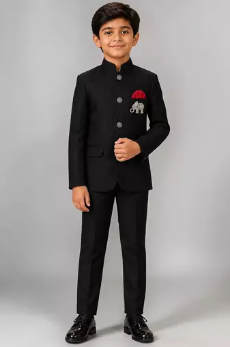 Boys black lycra solid indo-western blazer & trouser set with elephant brooch