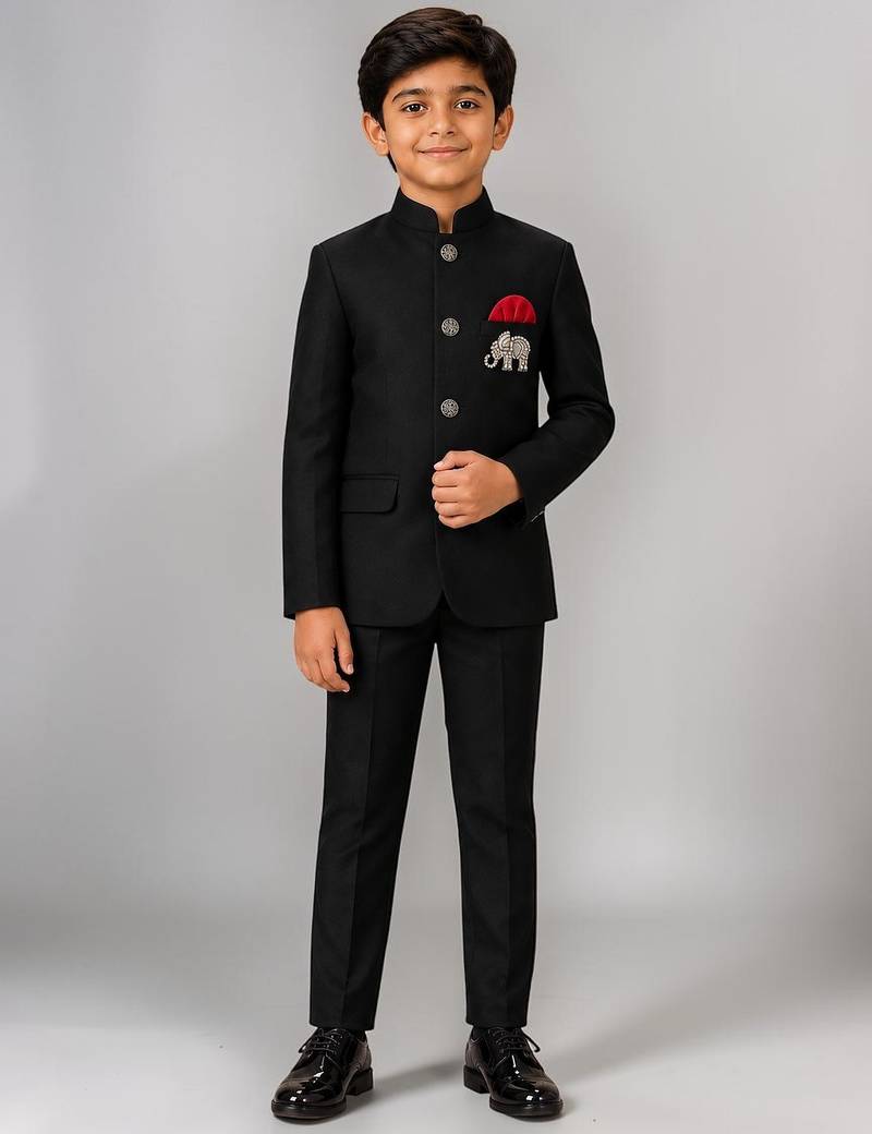 Boys black lycra solid indo-western blazer & trouser set with elephant brooch