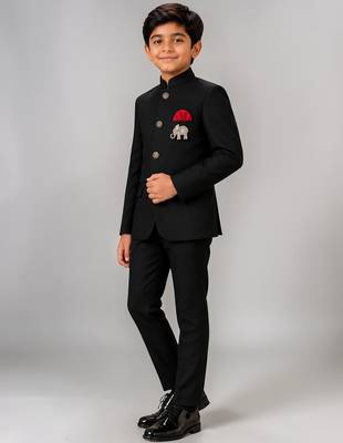 Boys black lycra solid indo-western blazer & trouser set with elephant brooch 4