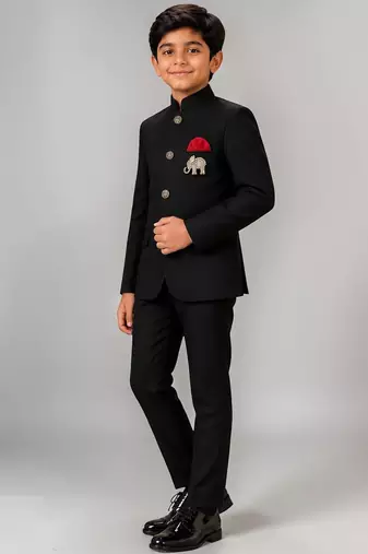 Boys black lycra solid indo-western blazer & trouser set with elephant brooch