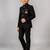 Boys black lycra solid indo-western blazer & trouser set with elephant brooch