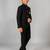 Boys black lycra solid indo-western blazer & trouser set with elephant brooch