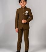 Boys brown lycra solid indo-western blazer & trouser set with elephant brooch
