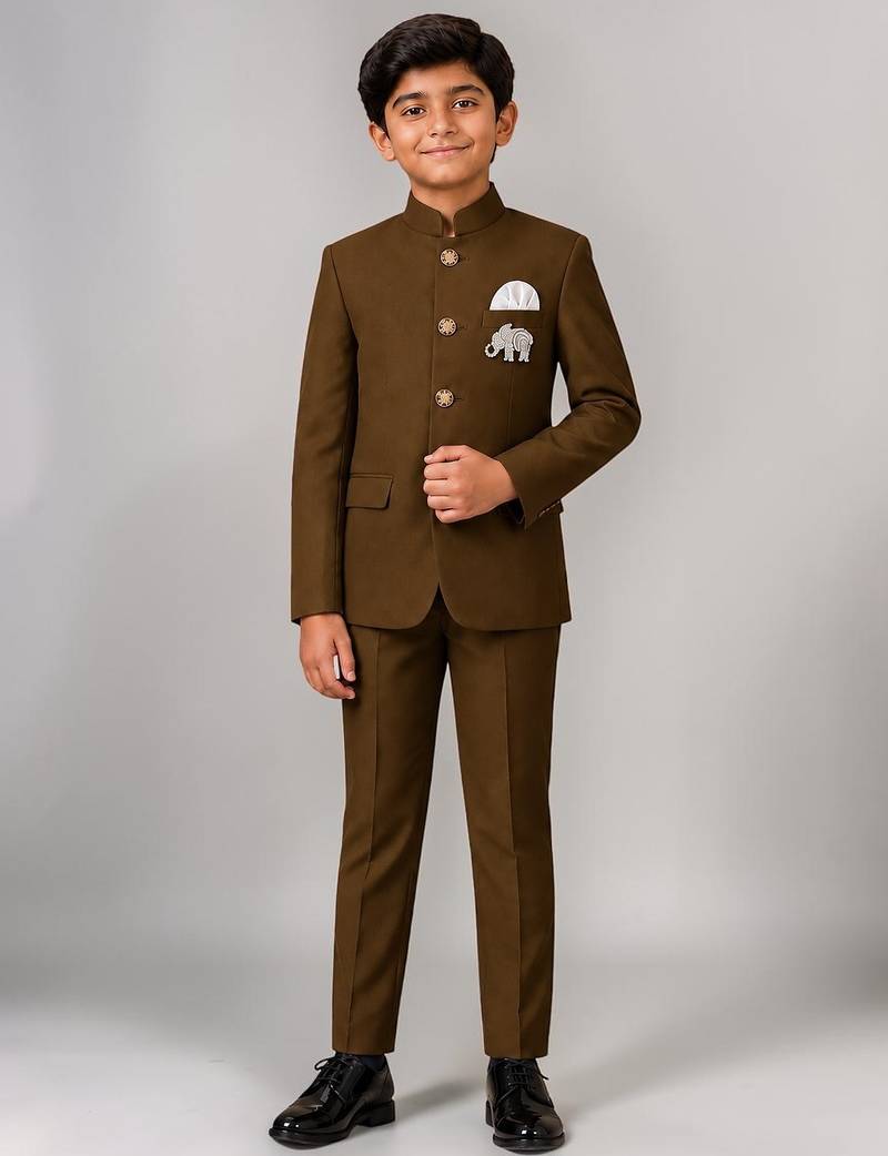 Boys brown lycra solid indo-western blazer & trouser set with elephant brooch