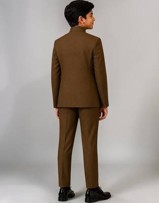 Boys brown lycra solid indo-western blazer & trouser set with elephant brooch 2
