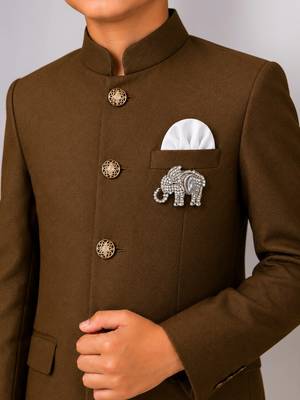Boys brown lycra solid indo-western blazer & trouser set with elephant brooch 3