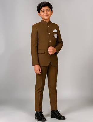Boys brown lycra solid indo-western blazer & trouser set with elephant brooch 5