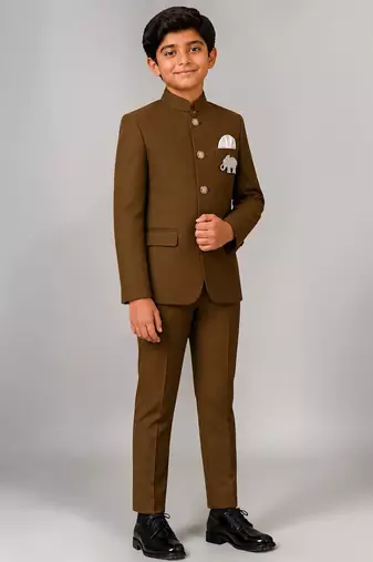 Boys brown lycra solid indo-western blazer & trouser set with elephant brooch