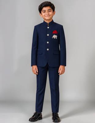 Boys navy blue lycra solid indo-western blazer & trouser set with elephant brooch 1
