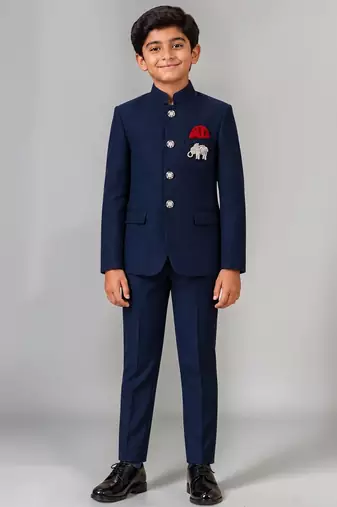 Boys navy blue lycra solid indo-western blazer & trouser set with elephant brooch