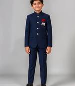 Boys navy blue lycra solid indo-western blazer & trouser set with elephant brooch