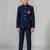 Boys navy blue lycra solid indo-western blazer & trouser set with elephant brooch