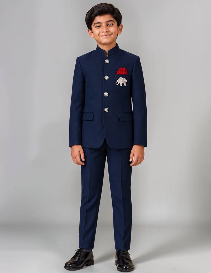 Boys navy blue lycra solid indo-western blazer & trouser set with elephant brooch